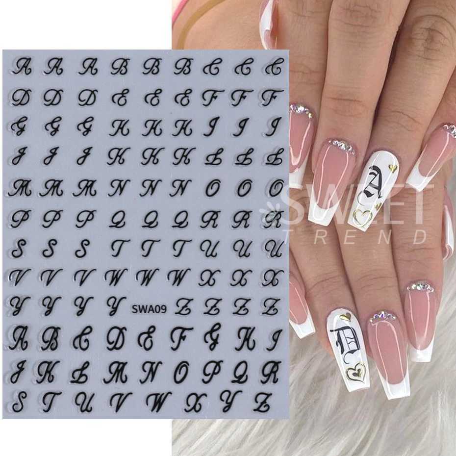 3D Metallic English Nail Stickers Black White Gold Silver Art Letter Alphabet Self-adhesive Holographic Slider Nail DecorationXJ250120