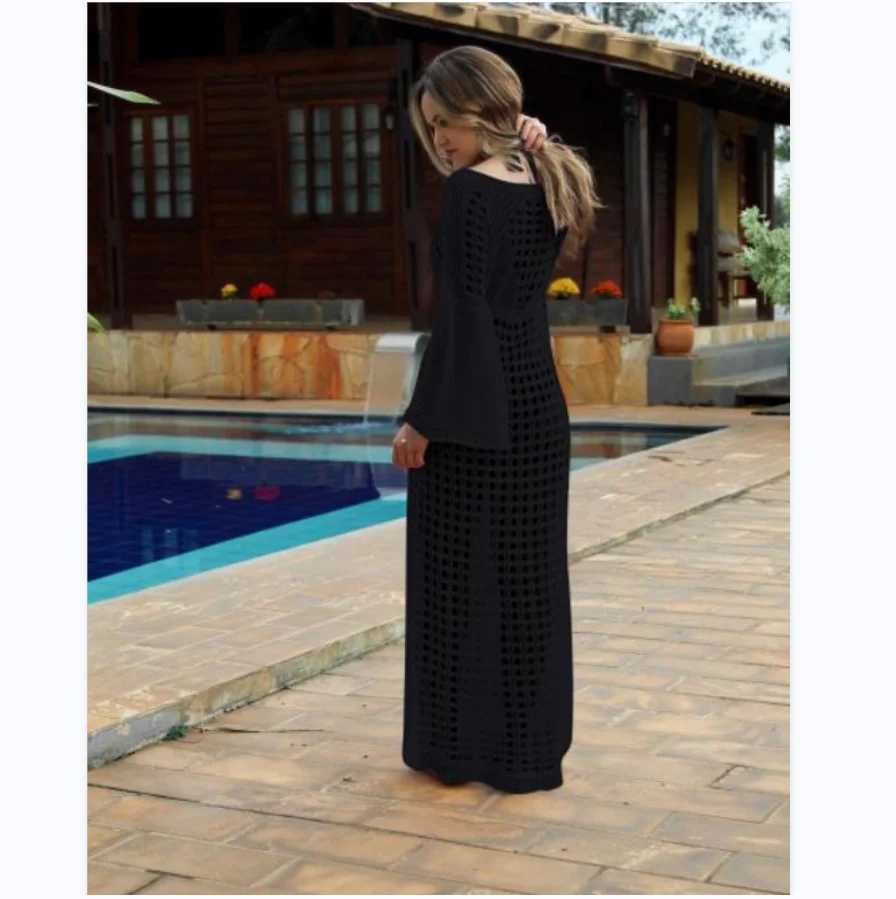 2024 Summer Anti-Sun Beach Dr for Women Biqunis Cover Ups See Through Swim Skirt Latern Sleeve Black Bohemian Bikini Cover W250120