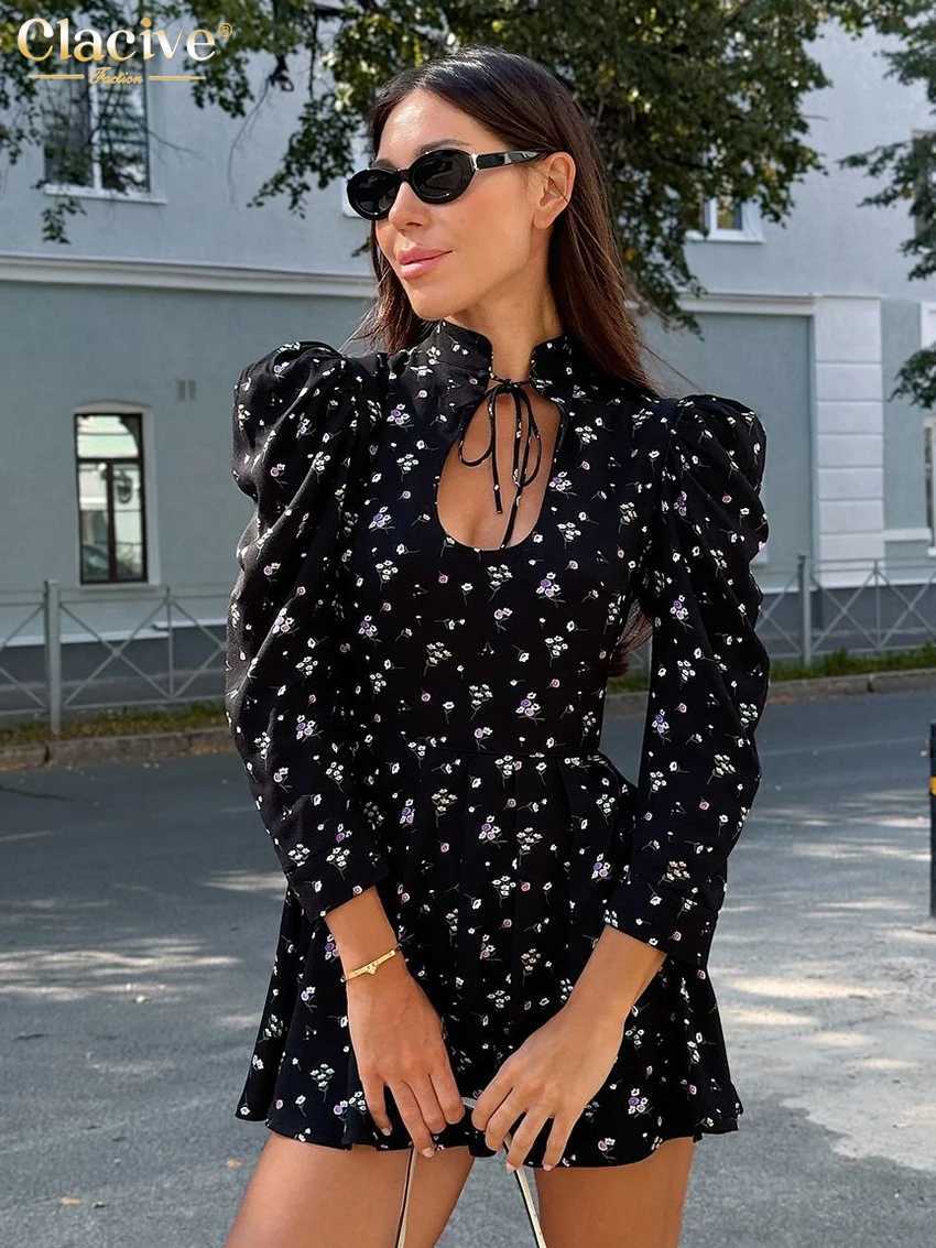 Clacive Fashion Slim Print Womens Dress Sexy Stand Collar Long Sve Mini Dresses Ele Classic Hollow Out Fe DressXJ250115