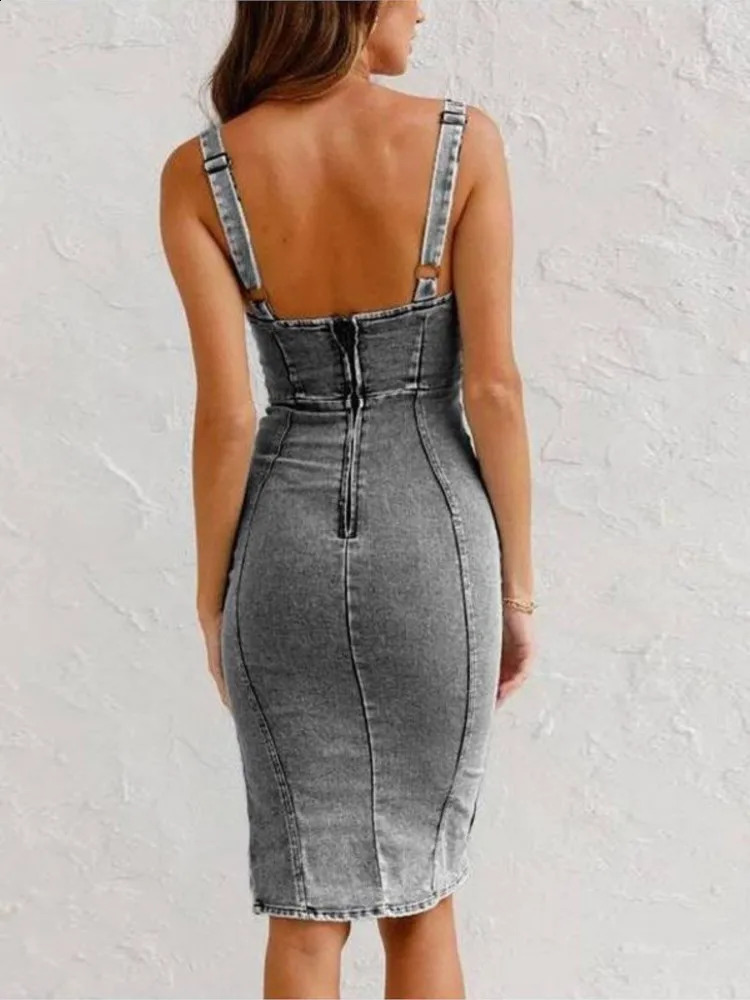 Summer U Neck Halter Denim For Womens Dresses Fashion Slim Fit Wrap Hip Retro Female Party Sexy Split Denim Dresses 250114