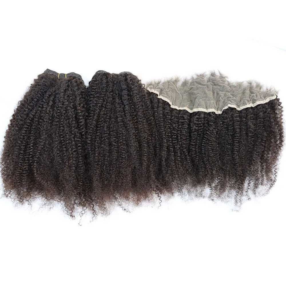 Afro Kinky Curly Virgin Human Hair Bundles with Frontal Natural Color Curly Brazilian Hair Weft with Lace Clo Full HeadXJ250120