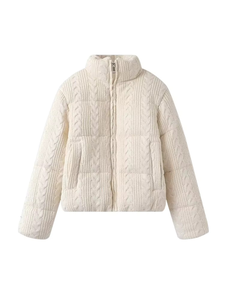 Pb&Za Women's 2024 Autumn/Winter New Knitted Stand Up Collar Zipper Long Sleeve Short Down Cotton Jacket
