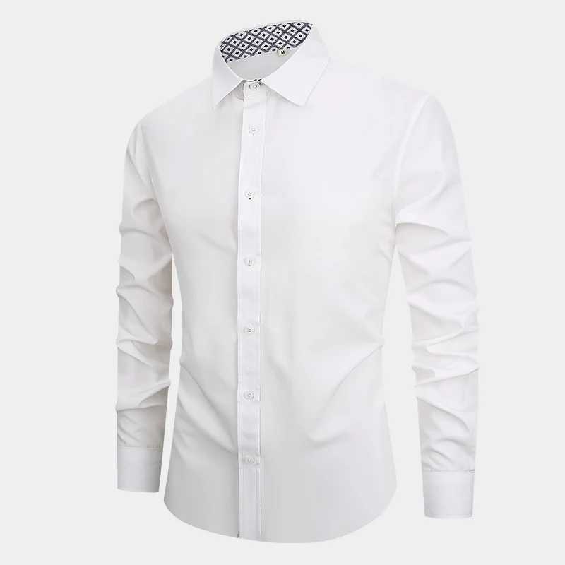 Mens formal dress shirt solid color long sleeved mens shirt casual printed business fashionable elastic long sleeved shirt menXJ250121