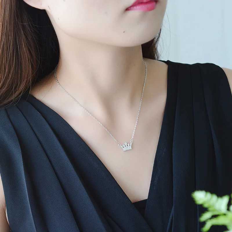 Real 925 Sterling Silver Crystal Crown Charm Pendant Choker Necklace For Girl Women Wedding Statement Female Jewelry GiftXJ250114