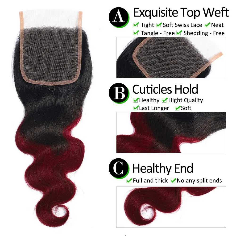 Ombre Body Wave Bundles With Clo 1B/99J Human Hair Bundles With Clo Brazilian Burgundy Bundles with CloXJ250120