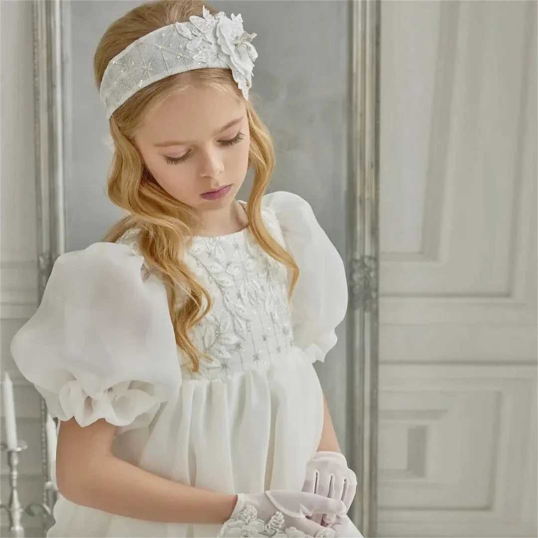 Flower Girls Dresses Vintage Ivory Puffy Appliques Short Sleeve For Wedding First Communion Gowns Infant Christening Gowns X250203