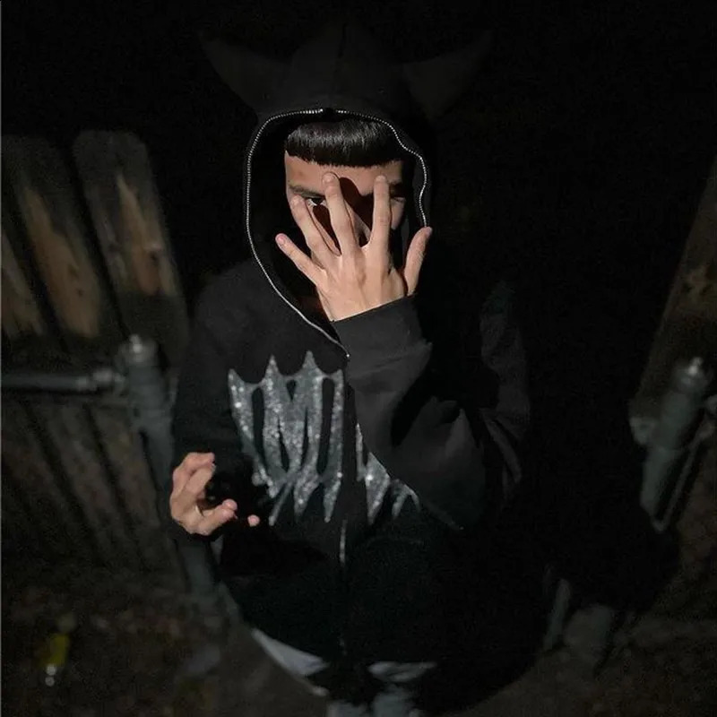 Mens Y2K Fashion Hoodie Monster Horn Rhinestones Hoodie Clothes Hoodies Goth Grunge Long Sleeve Women Sweatshirt Oversized Tops 250117