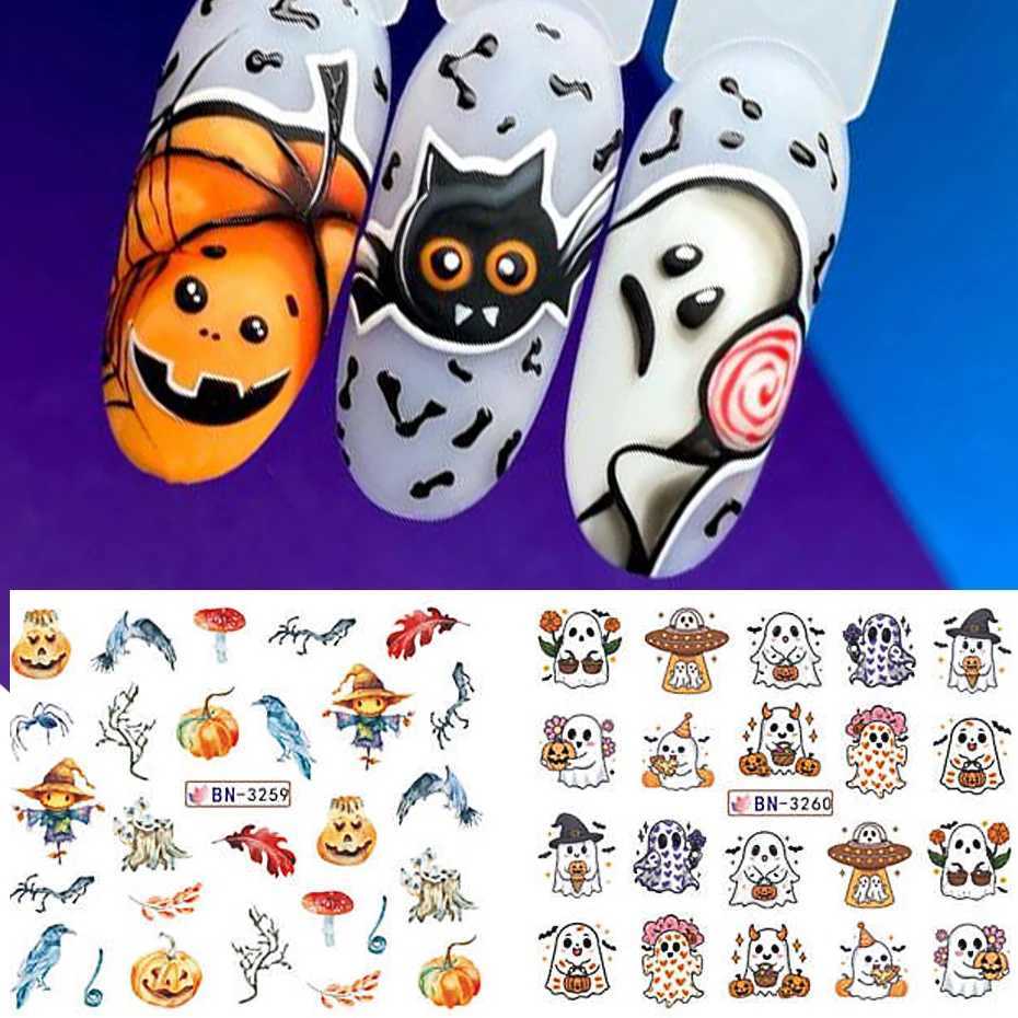 Halloween Pumpkin Ghost Nail Art Stickers Skull Evil Ghost Cat Water Decal Slider Bat Cute Eyes Manicure Tattoo DecorationXJ250120