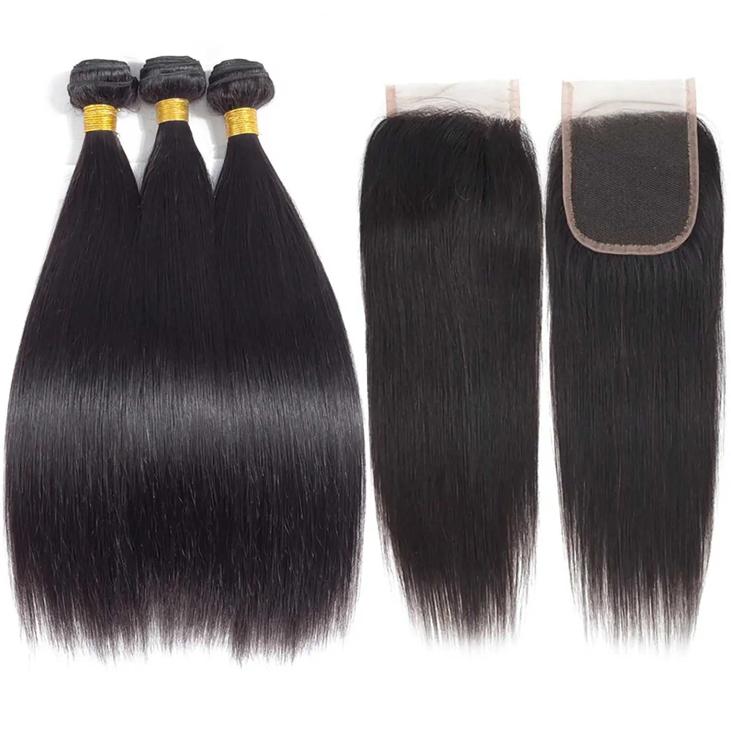 Straight Bundles and Clo Brazilian Human Hair 3 Bundles with 4x4 Transparent Lace Clo Pre Plucked Natural Color #1BXJ250120