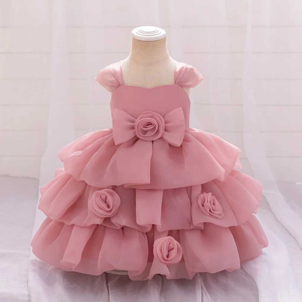 Pink Flower Baby 1st Birthday Girl Party Dress Fluffy Layered Lace Wedding Baptism Prom Princess Dresses Bridemaid Kids Clothing X250203