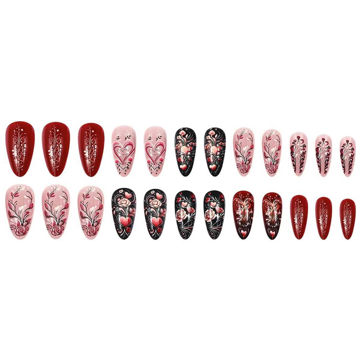 24Pcs Romantic Floral Press on Nails with Rose Love Design Colorful Beautiful Nails for Women Girls Valentines Day Wear TipsW250120