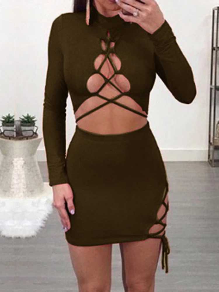 Sexy Cross Bandage Hollow Out Elastic Slim Bodycon Dress Women Long Sved Solid Color Mini Dress Evening Club Party VestidosXJ250115