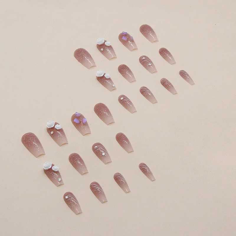 White Camellia 24 Pcs Press on Nails Pink Gradient Fake Nails Glossy Artificial Finger Manicure Reusable False NailsW250120