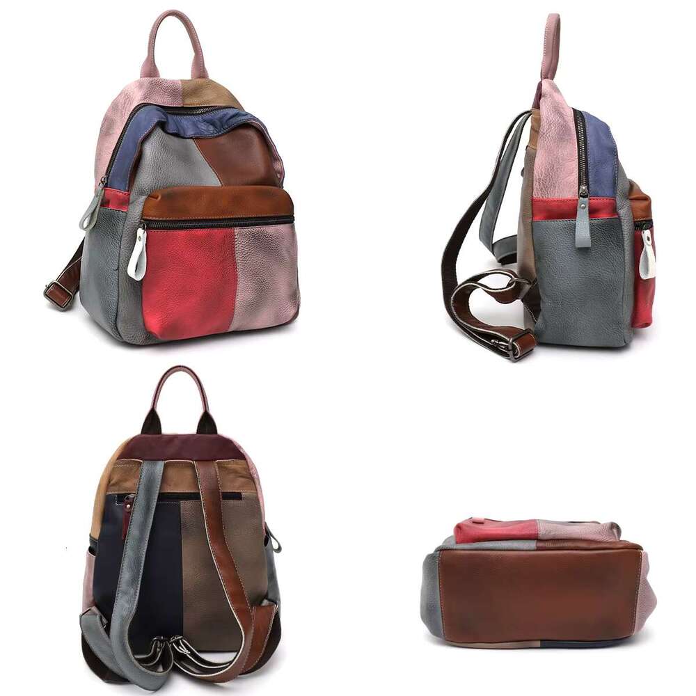 Painted Color Genuine Leather Patchwork Backpack Women Large Capacity Casual Retro Functional Shoulder Bag Knapsack Daily Travel