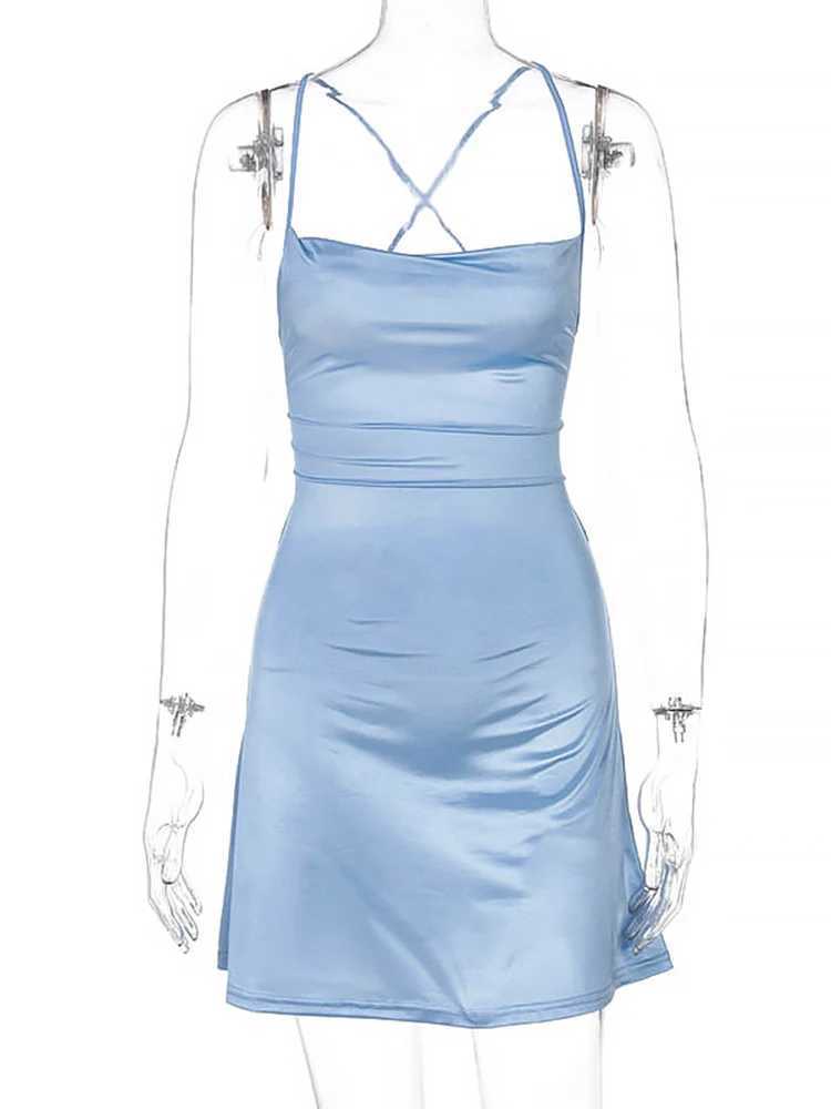 Summer Lace Up Satin Strap Mini Dress For Women Backless Bodycon Sexy Short Dress Ele Party Clothes Birthday Evening OutfitXJ250115