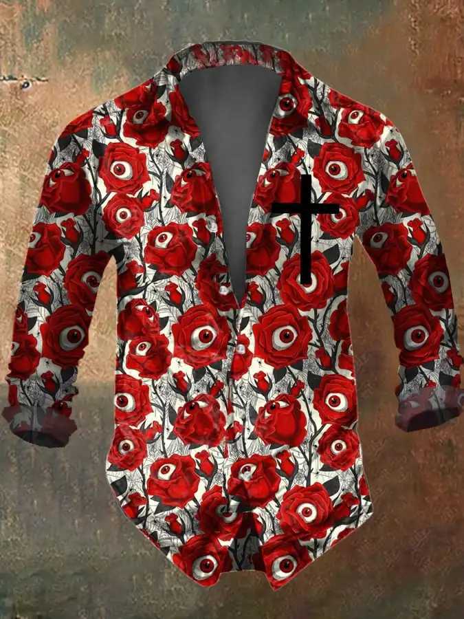 Mens Vintage Dark Skull Print Long Sleeve Shirt - Skull Print Lapel Collar Regular Fit Polyester BlendAll-Season WearXJ250121