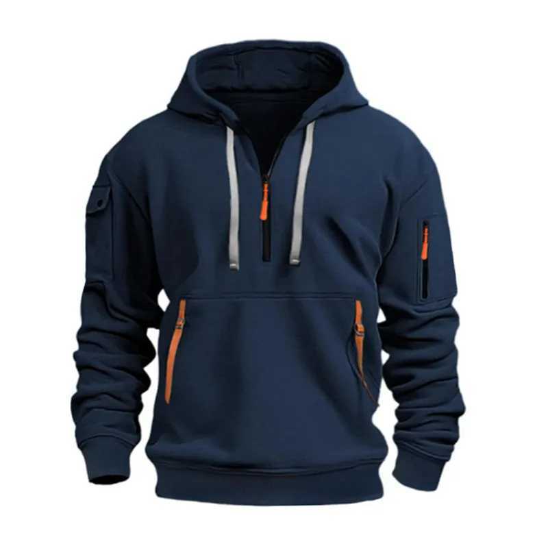 Stylish Mens Hooded Sweatshirt Resistant Multiple Zipper Pockets 100% Polyester Knitted Fabric Solid Color Long Sleeve RegularXJ2500118