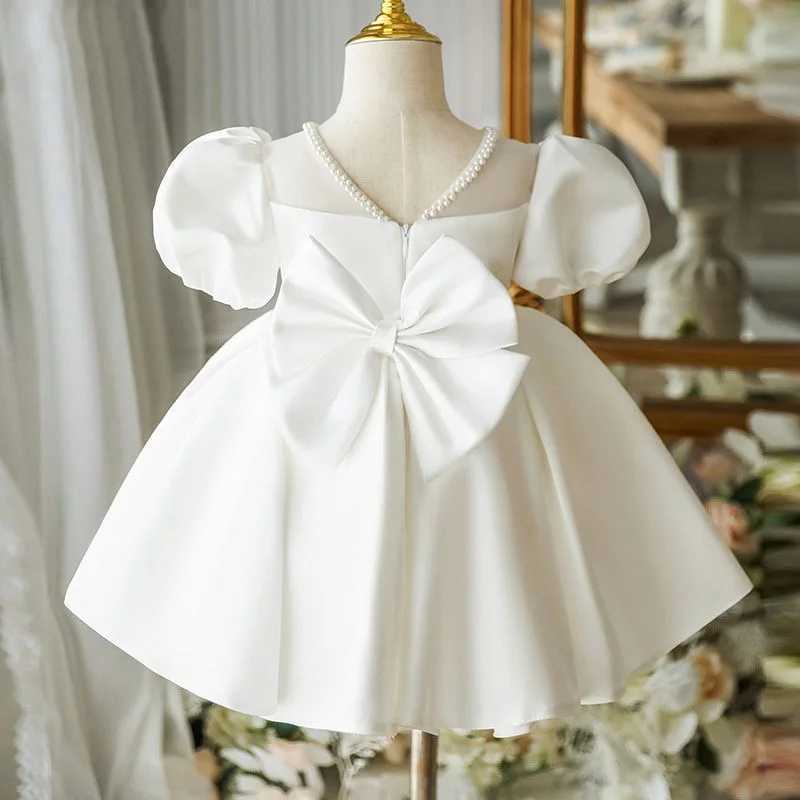 Baby Girl Princess Pearl Neck Dress Puff Sleeve Infant Toddler Child Vintage Dress Party Pageant Birthday Baptism Frocks 1-12Y X250203
