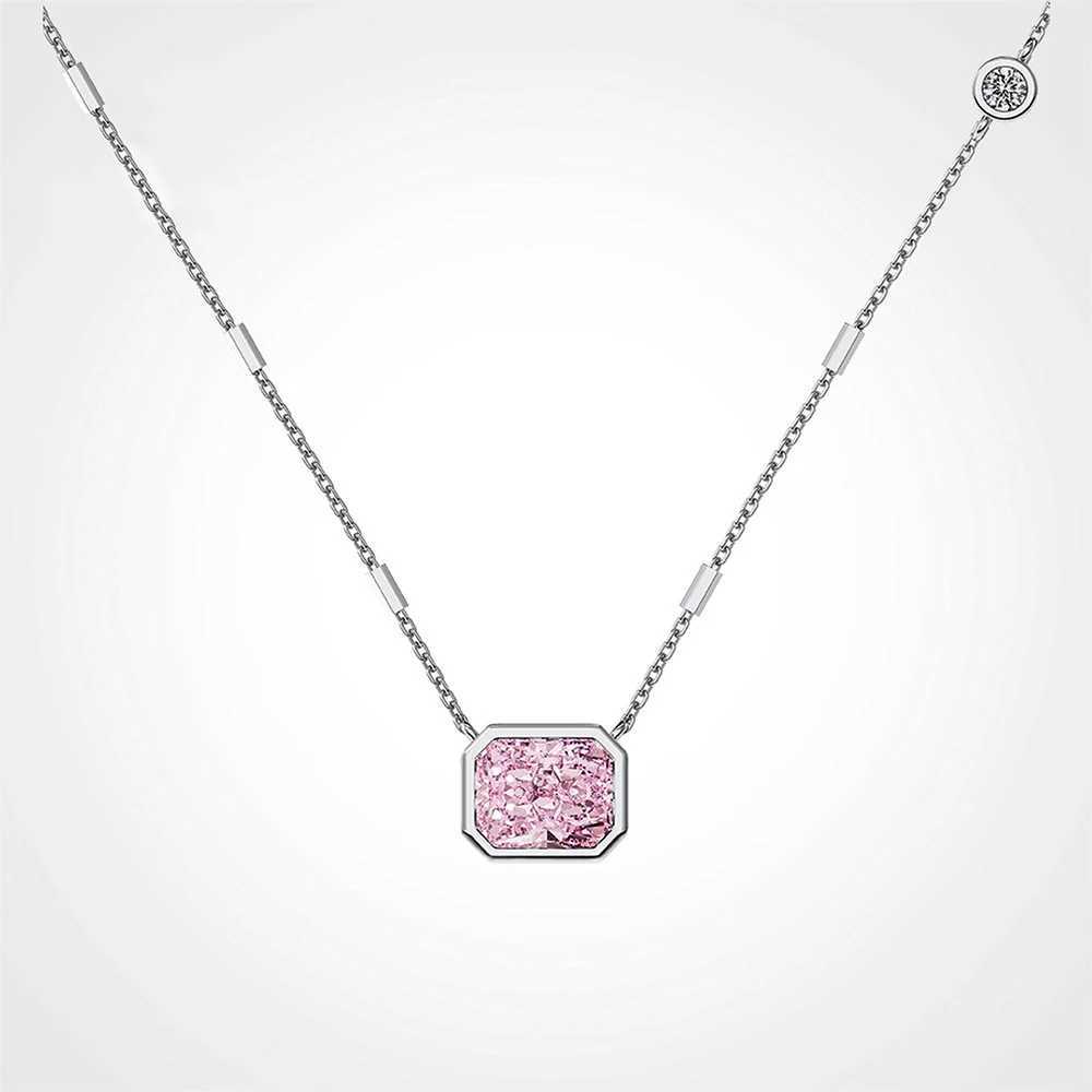 Real S925 Sterling Silver Pink Necklace Women Brilliant Rectangular Diamond Pendant Necklace Female Luxury Jewelry 8A ZirconXJ250114
