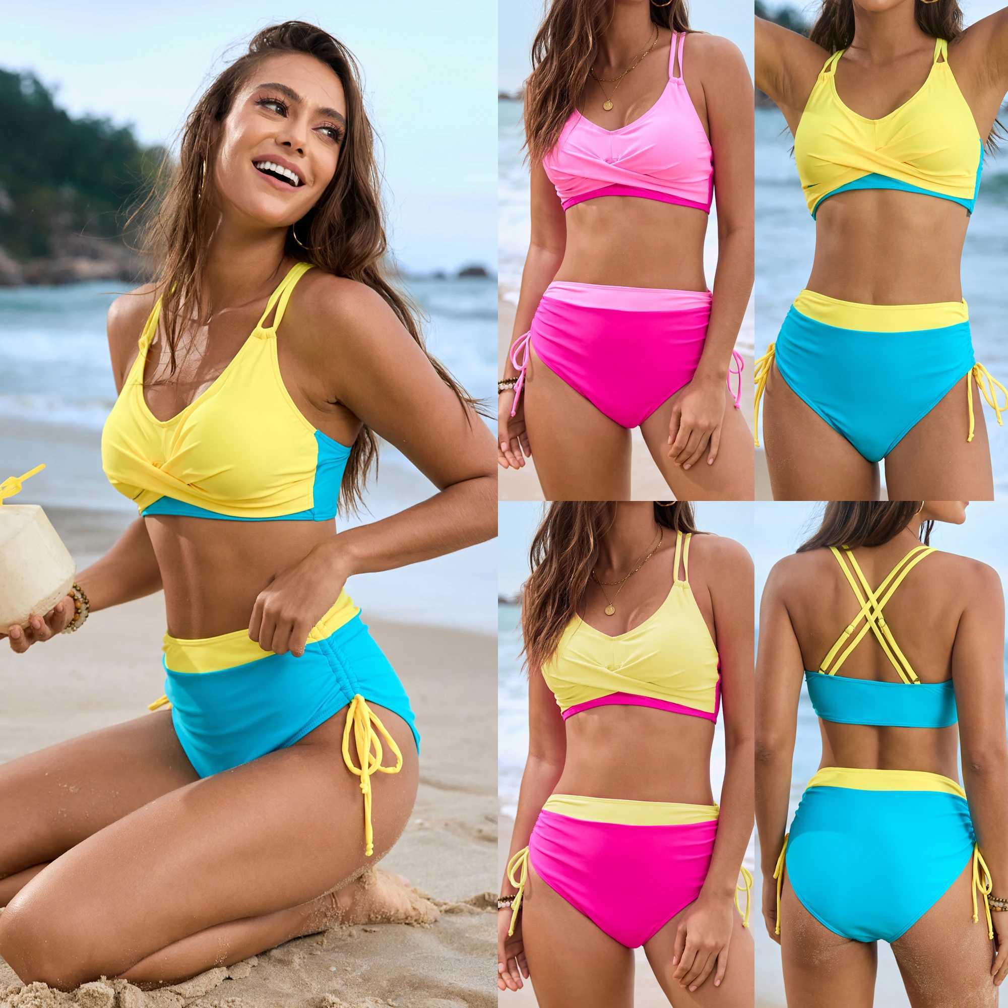 2025 new swimsuit solid color splicing rope cross bag swimsuit womens split bikiniXJ250120
