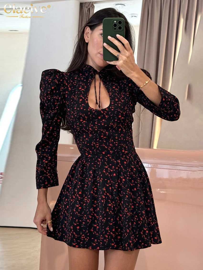 Clacive Fashion Slim Print Womens Dress Sexy Stand Collar Long Sve Mini Dresses Ele Classic Hollow Out Fe DressXJ250115