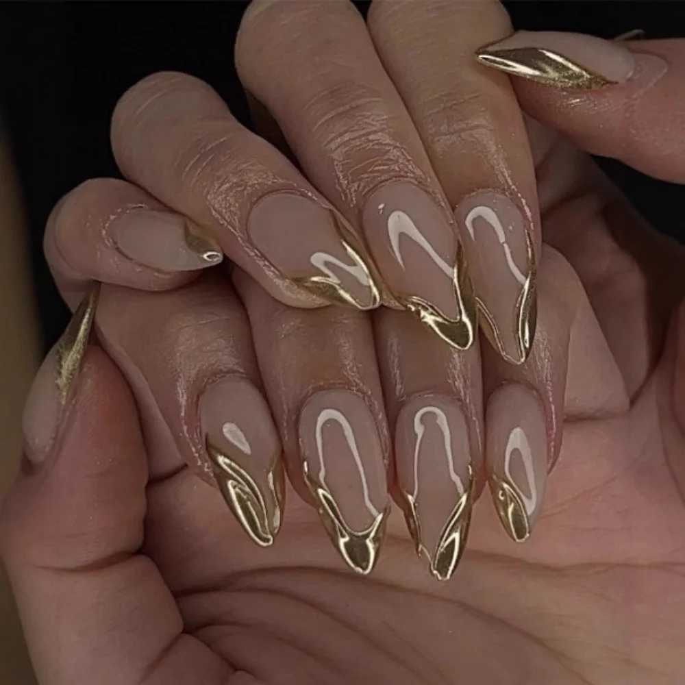 24 pieces of gold French fake nail press wearable simple nude design long almond finished fake nail set manual tip dataW250120
