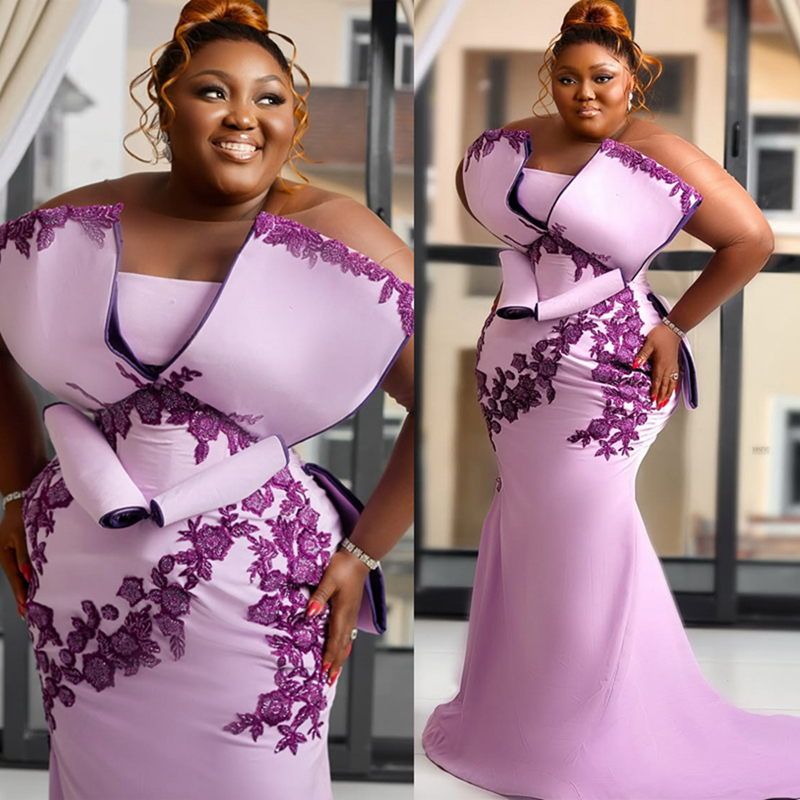 2025 Plus Size Light Purple Prom Dresses Mermaid Evening Gowns For Black Women Applique Sheer Neck Long Sleeves Beaded Birthday Dress Second Reception