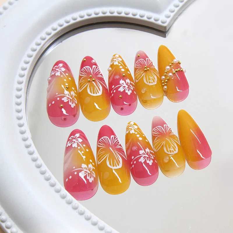 24pcs White Fake Nail Tips Ins Yellow Pink B False Nails Wearable Full Cover European Almond Shaped Press on NailsW250120