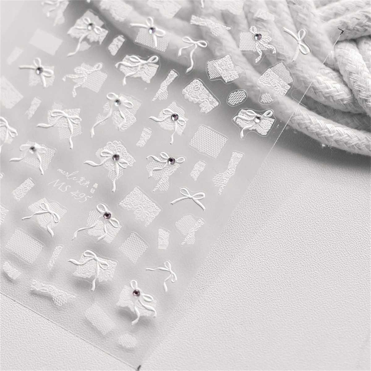 1pcs 5D Diamond Japanese White Lace Bow Nail Art Stickers Pearl Rhinestones Nail Decoration Adhesive Decals Slider DIY AccessoryXJ250120