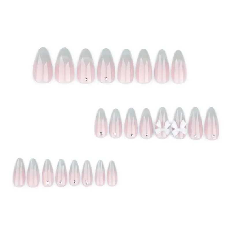24pcs Sweet Cats Eye Almond French Press-On Nails with 3D Bow and Rhinestone Embellishments Full Coverage Fake Nails for WomenW250120