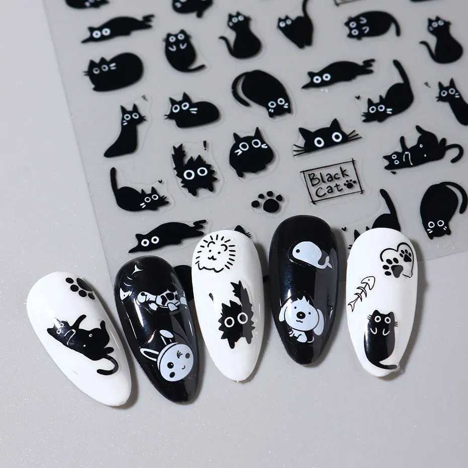 3D Kawaii Black Cat Stickers for Nails Cute Dog Rabbit Nail Sticker Japanese Cartoon Animals Decals Manicure AccessoriesXJ250120