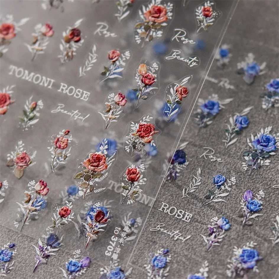 Japanese Vintage Red Blue Rose Flower Laser Gold Silver Nail Stickers Nail Art Decal Design Manicure Tool High QualityXJ250120