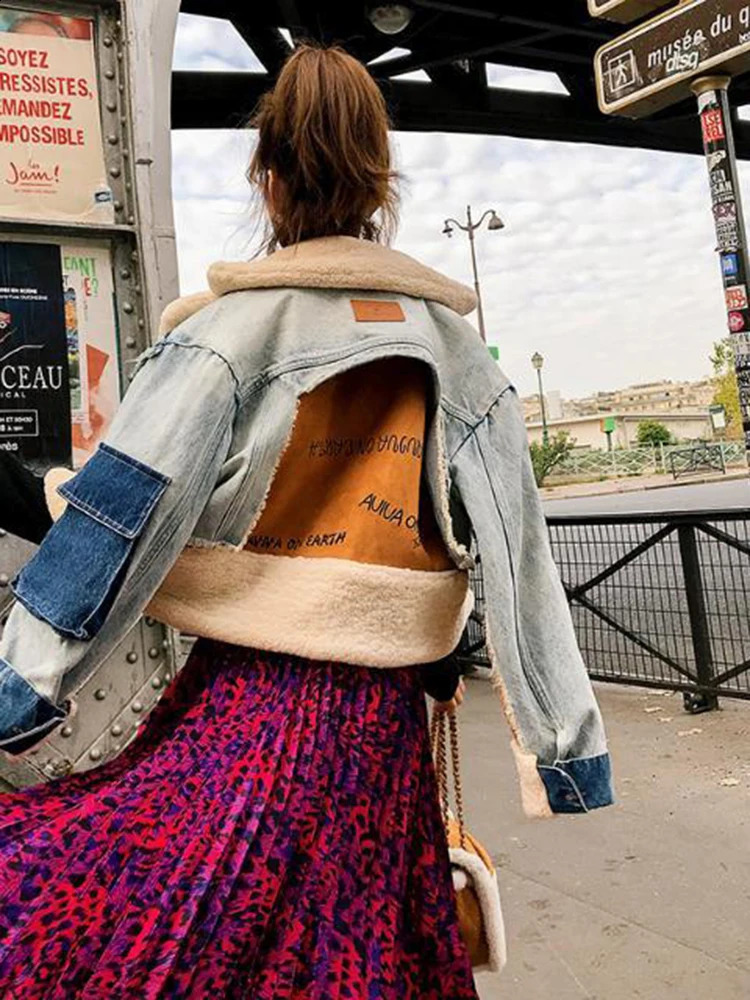 oein Denim Jacket Womens European Style Plush Personalized Lamb Wool Lapel Thickened Top Heavy Work Stitching 250121