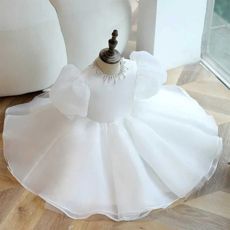 Infant Baby Girls 1st Year Birthday Dresses White Christening Gowns Beads Baby Baptism Clothes Lace Tutu Big Bow Princess Gown X250203