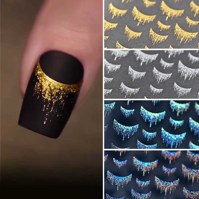 Foil stamping aurora burst french gradient nail stickers crown nail appliqus waterfall tassels nail art decorationsXJ250120