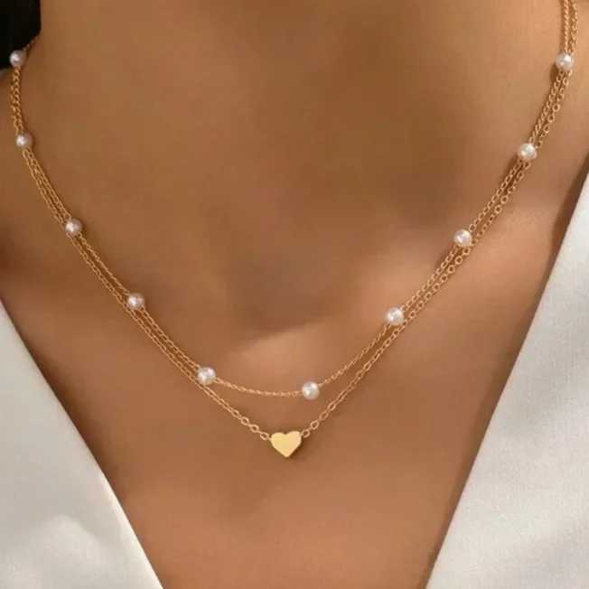 XINYI Simple Pearl Choker Necklaces for Women Fashion Double Layer Chain Small Love Heart Pendant Necklace Jewelry GiftsXJ250121