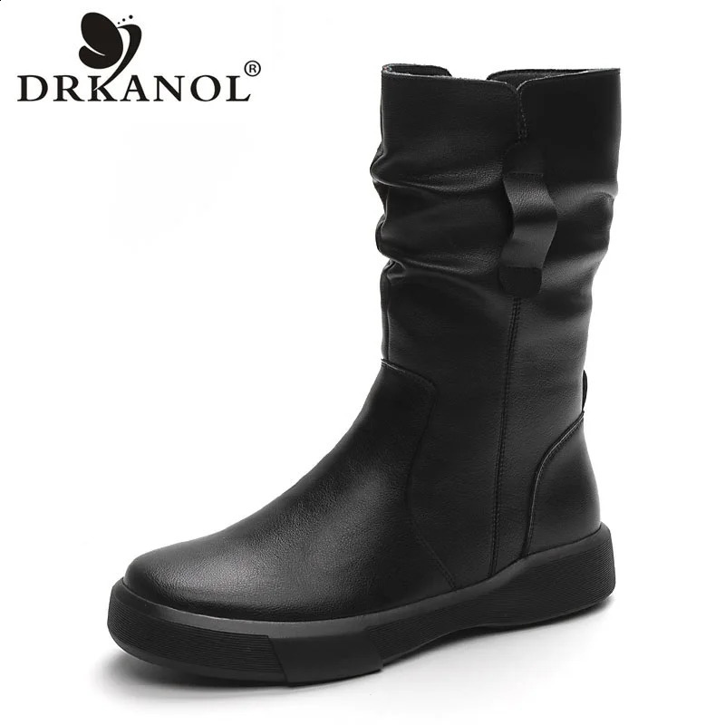 DRKANOL Fashion Women Boots Autumn Winter Plush Warm Mid Calf Round Toe Zipper Pleated Thick Bottom Leather Cotton 250117