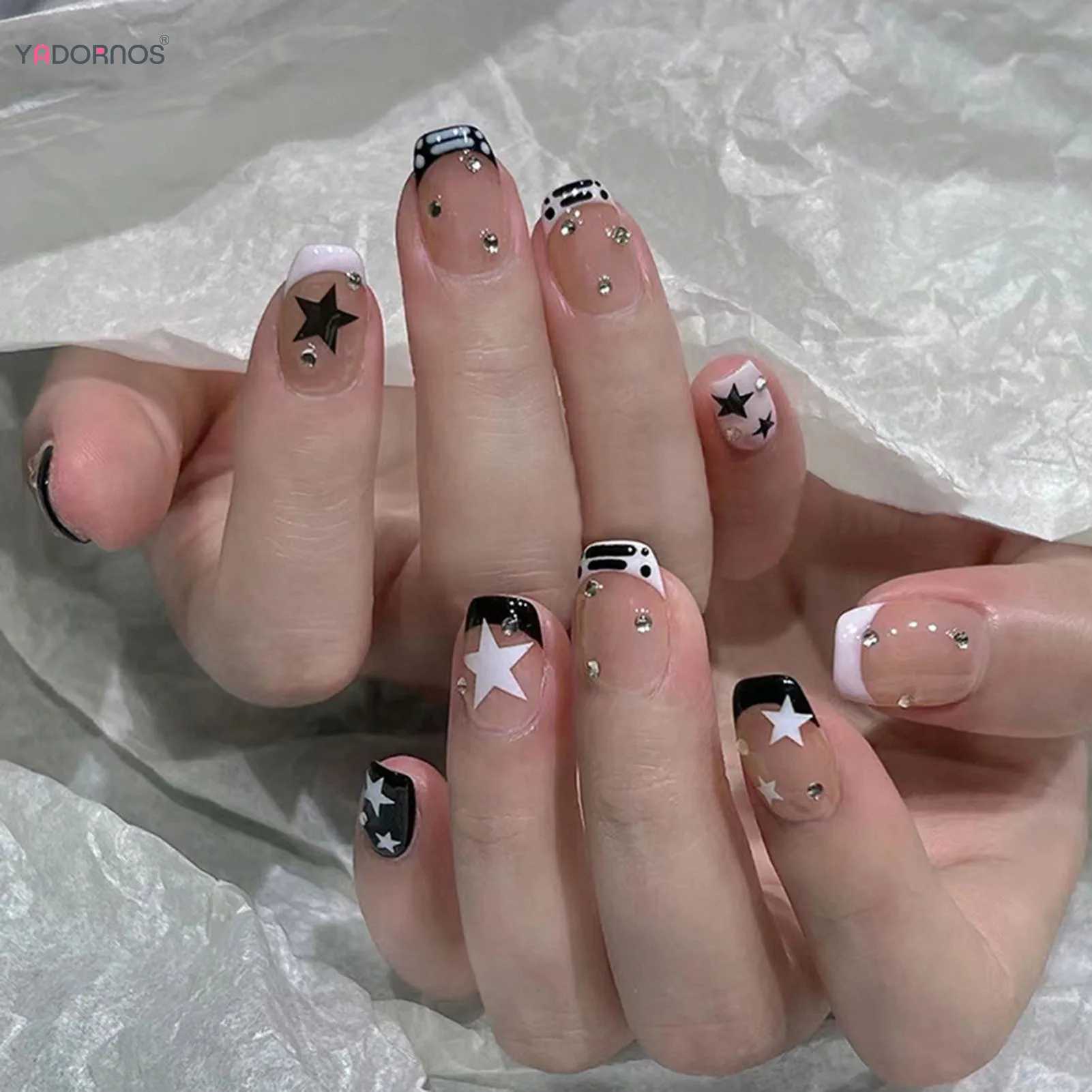 Short Square Fake Nails Y2K Style Nails Press on White/Black French Tips Star Diamond Designs False Nails for y2k Girls 24PcsW250120