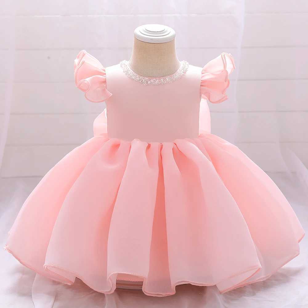 Summer Pink Cool kids Clothes Beading First Birthday Dress Baby Girl Ceremony Ball Gown Bow Princess Party 3 6 Months Dresses X250203