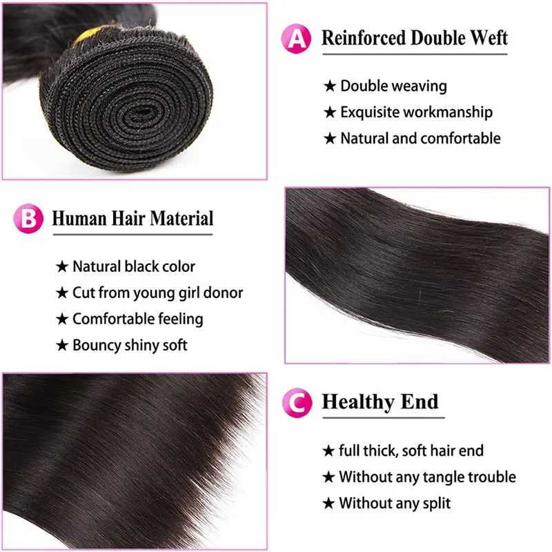 Brazilian Virgin Straight Hair Bundles With Clo 10A Straight Human Hair 3/4 Bundles with 4x4 Clo Natural Black WholesaleXJ250120