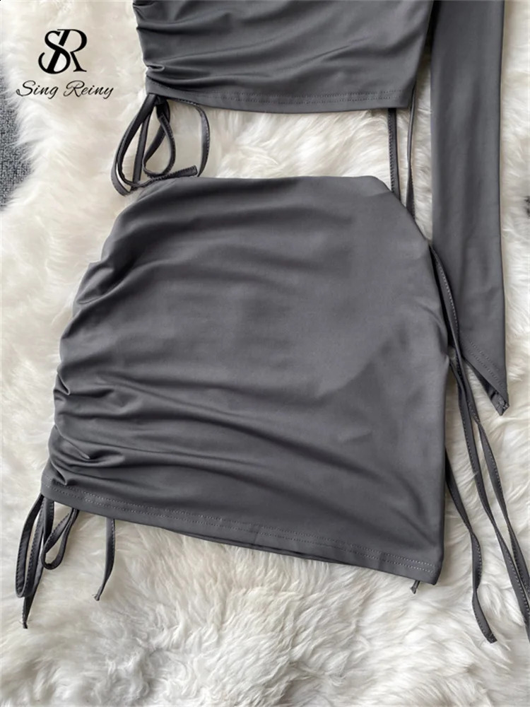 SINGREINY Senior Fashion Two Pieces Suits Women Sexy One Shoulder Long Sleeves Drawstring TopShort Bodycon Skirt sweet Sets 250116