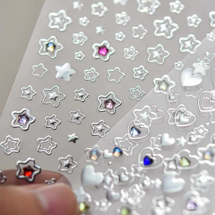 Colored Crystal Star Love Heart Shiny Silver Hollowed Smudging Rainbow Flower Jelly Embossed Nail Art Stickers Manicure DecalsXJ250120