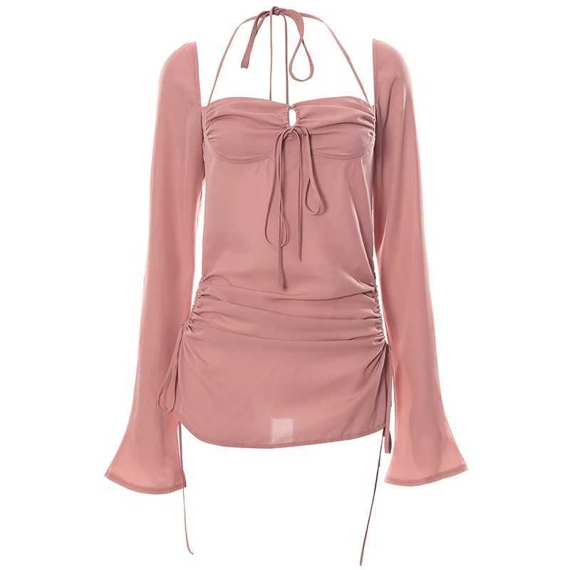 Women Sexy Mini Dress Long Sve Solid Color Square Neck Halter Dress Spring Hollow-Out Bow Tie-Up Dress Skinny y2k StreetwearXJ250115