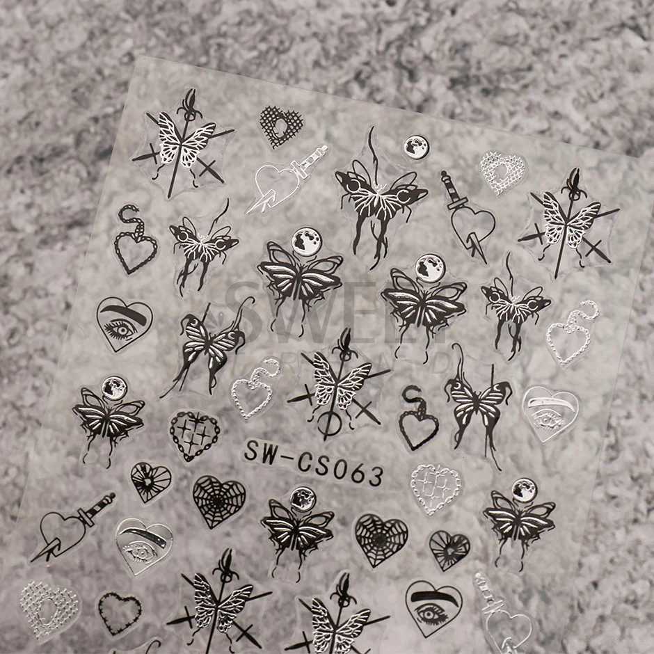 3D Metallic Silver Nail Stickers Butterfly Ink Moon Heart Sliders Charms Lock Dark Black Foils Nail Decor Jewelry Accessory SASWXJ250120