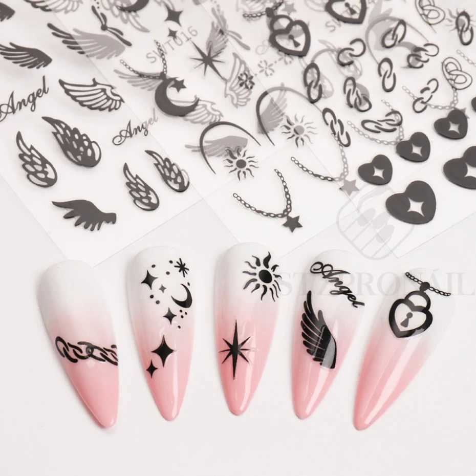 Sliver Nails Stickers Mental Sun Moon Star Lock Angel Wing Decals Nail Charms 3D Adhesive Sliders Spring Decor Accessories SLSWTXJ250120