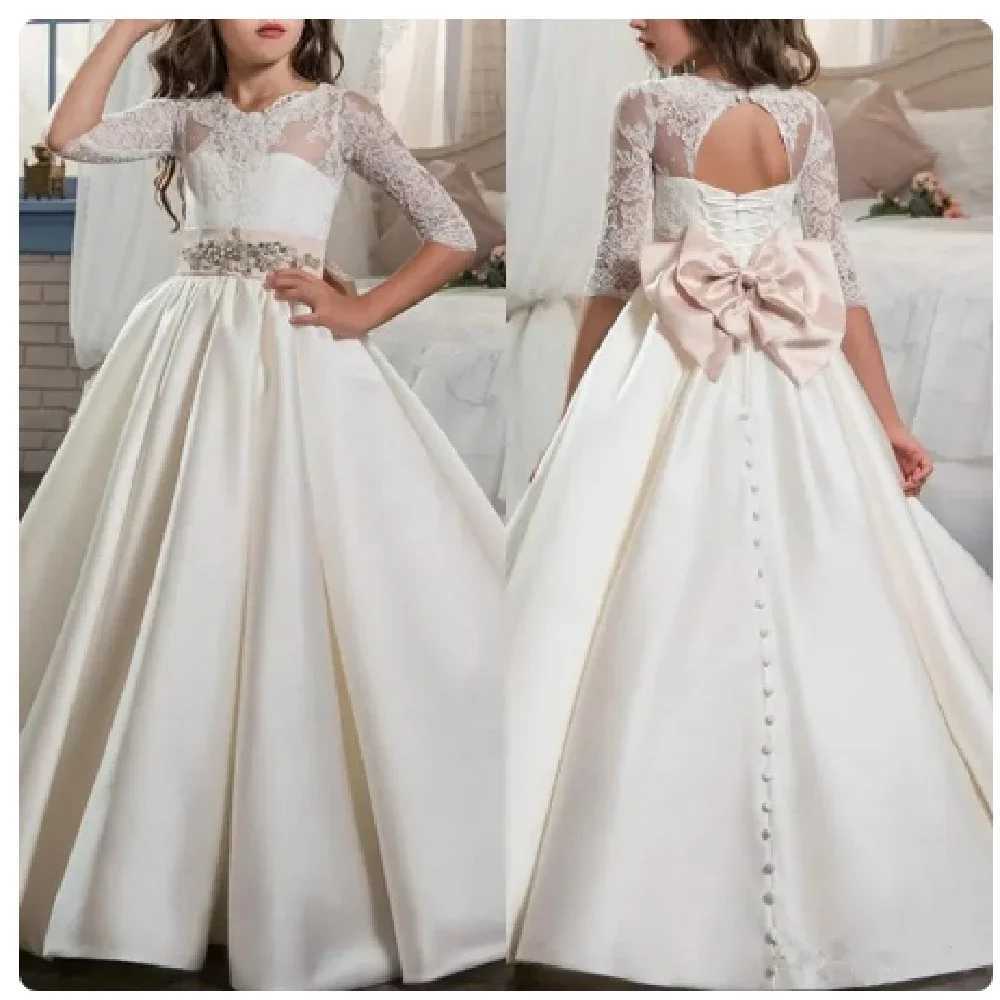 Flower Girls Dress Bow Lace Open Back Satin Elegant First Holy Communion Gowns Neck Pageant Dress Birthday Prom Party Baptism X250203