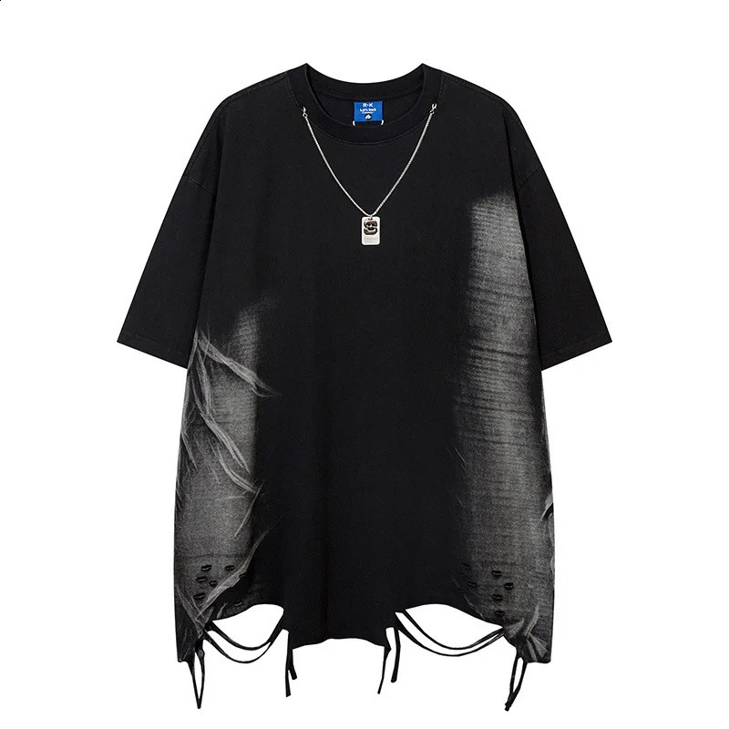 2024 Summer Tie-dye Ripped Hole Hip Hop Punk Rock Short Sleeve T Shirt Men Women High Street Casual Vintage Tees Tops 250109