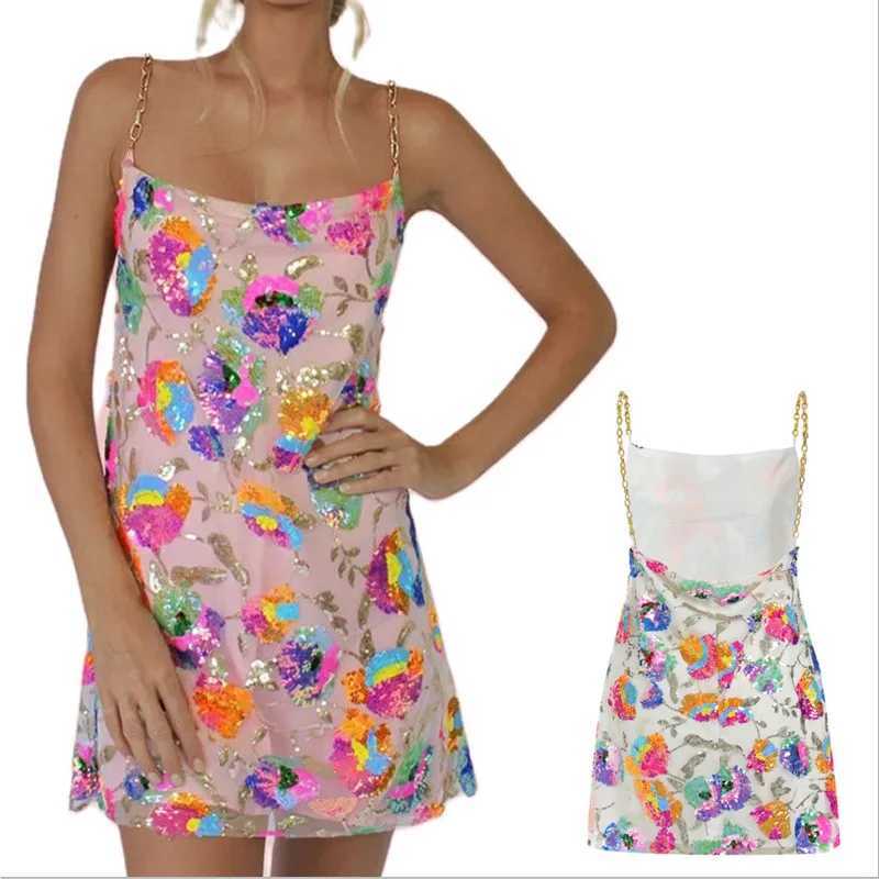 Womens Casual Chain Suspender Dress Fashion Sequined V-neck Backless A-line Short DressXJ250115