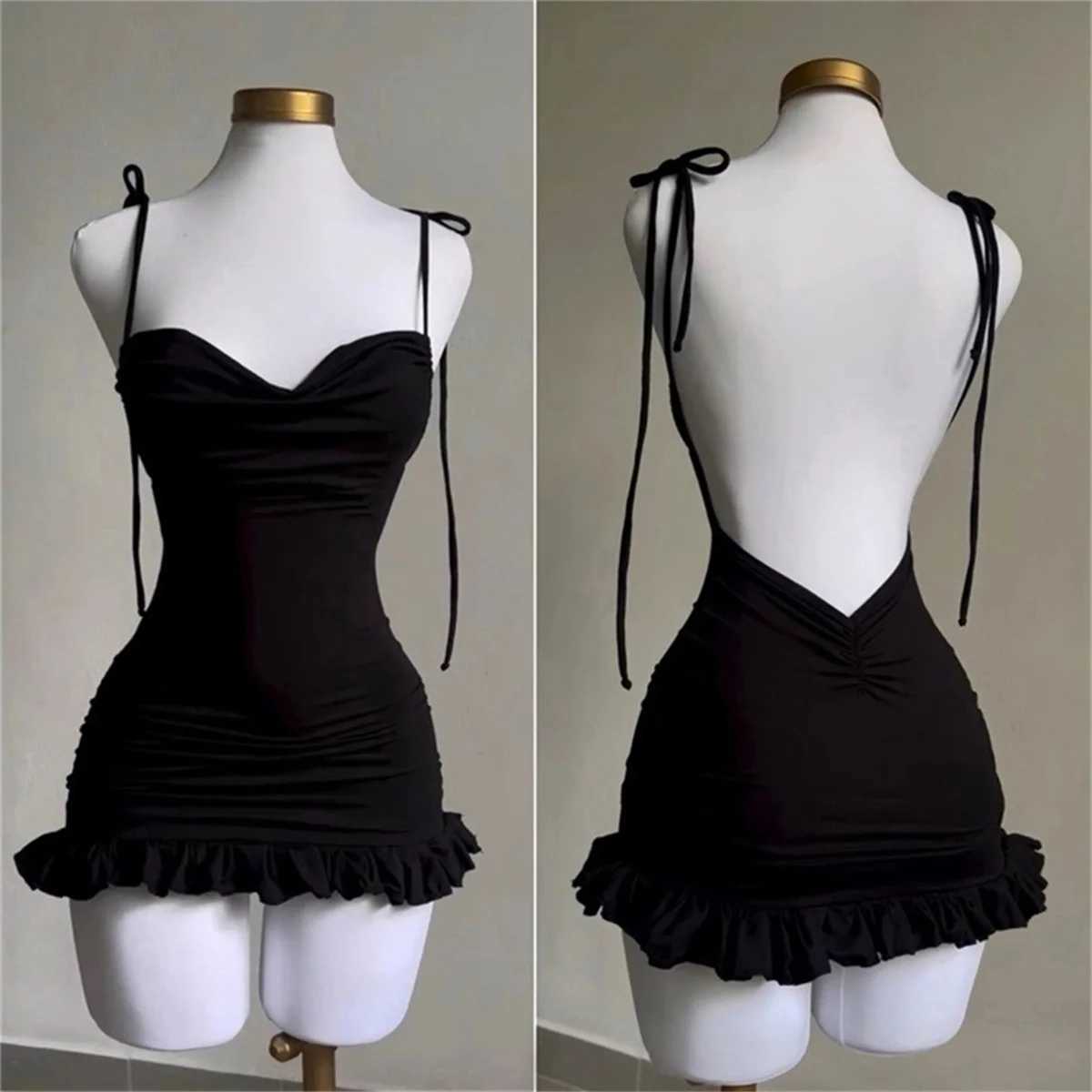 2024 European and American New High end Y2K Sexy Open Back Lace up Slim Fit Spicy Girl Short Skirt Summer Party Club Mini DressXJ250115