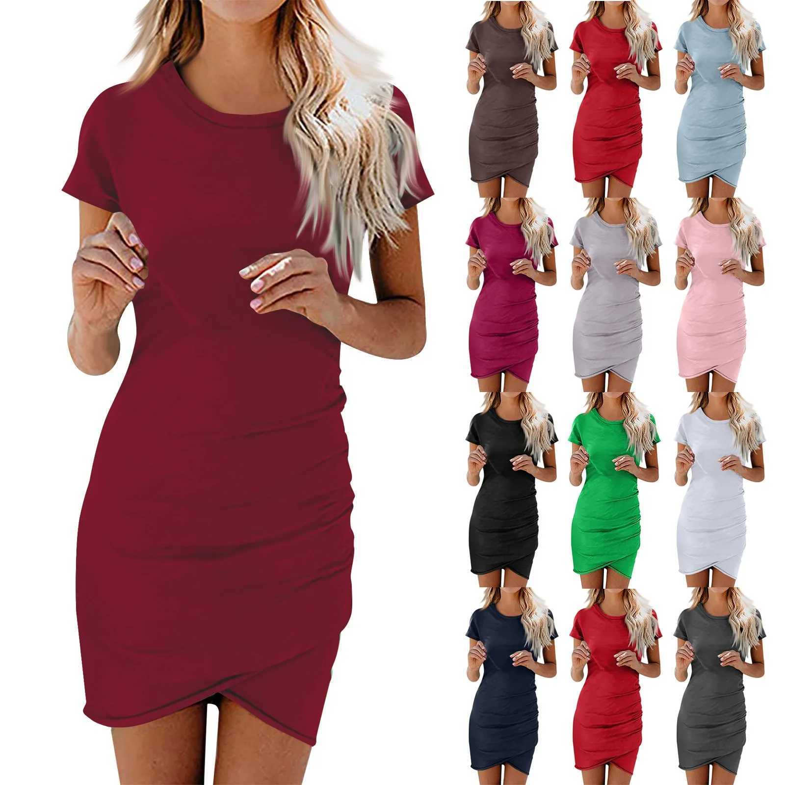 Ladies Summer Solid Color Classic Sexy Slim Fit Dress Daily Date Fashion Round Neck Short Sve Wrap Party Pleated Mini SkirtXJ250115